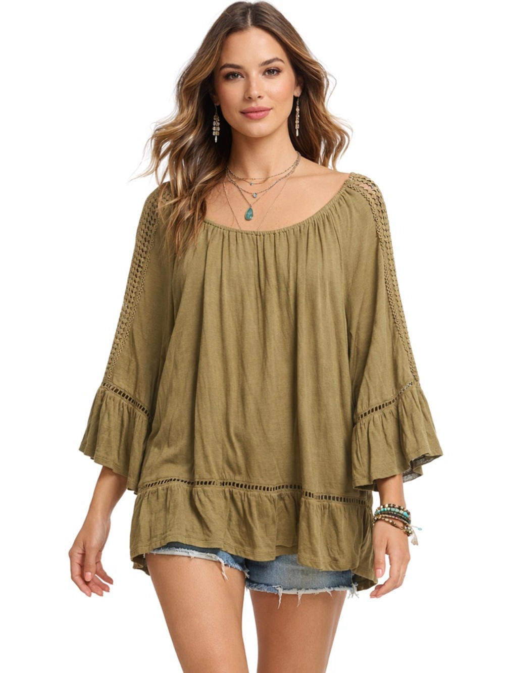 John Paul Richard Petite Olive Green Crochet Lace Ruffle Peasant Top